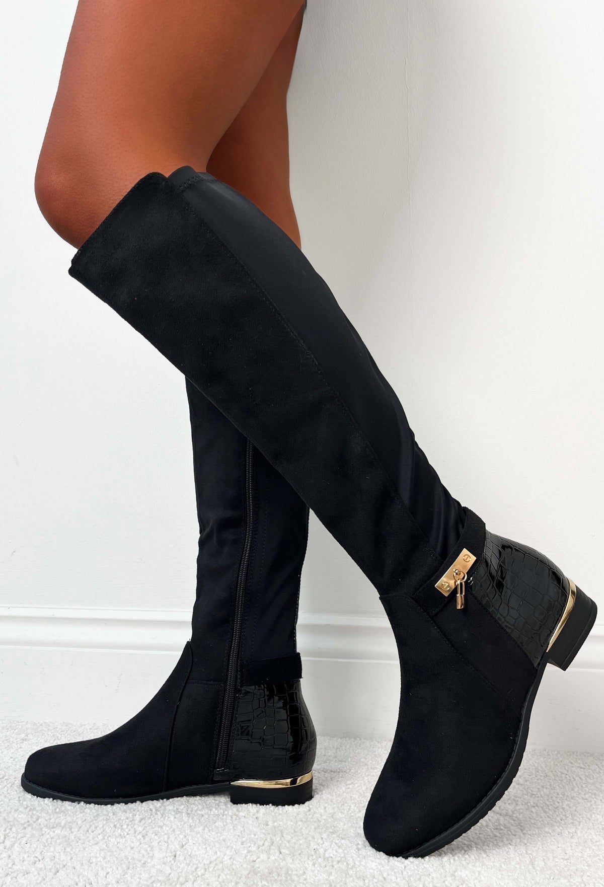 Riding High Black Faux Croc & Jersey Knee High Riding Boot