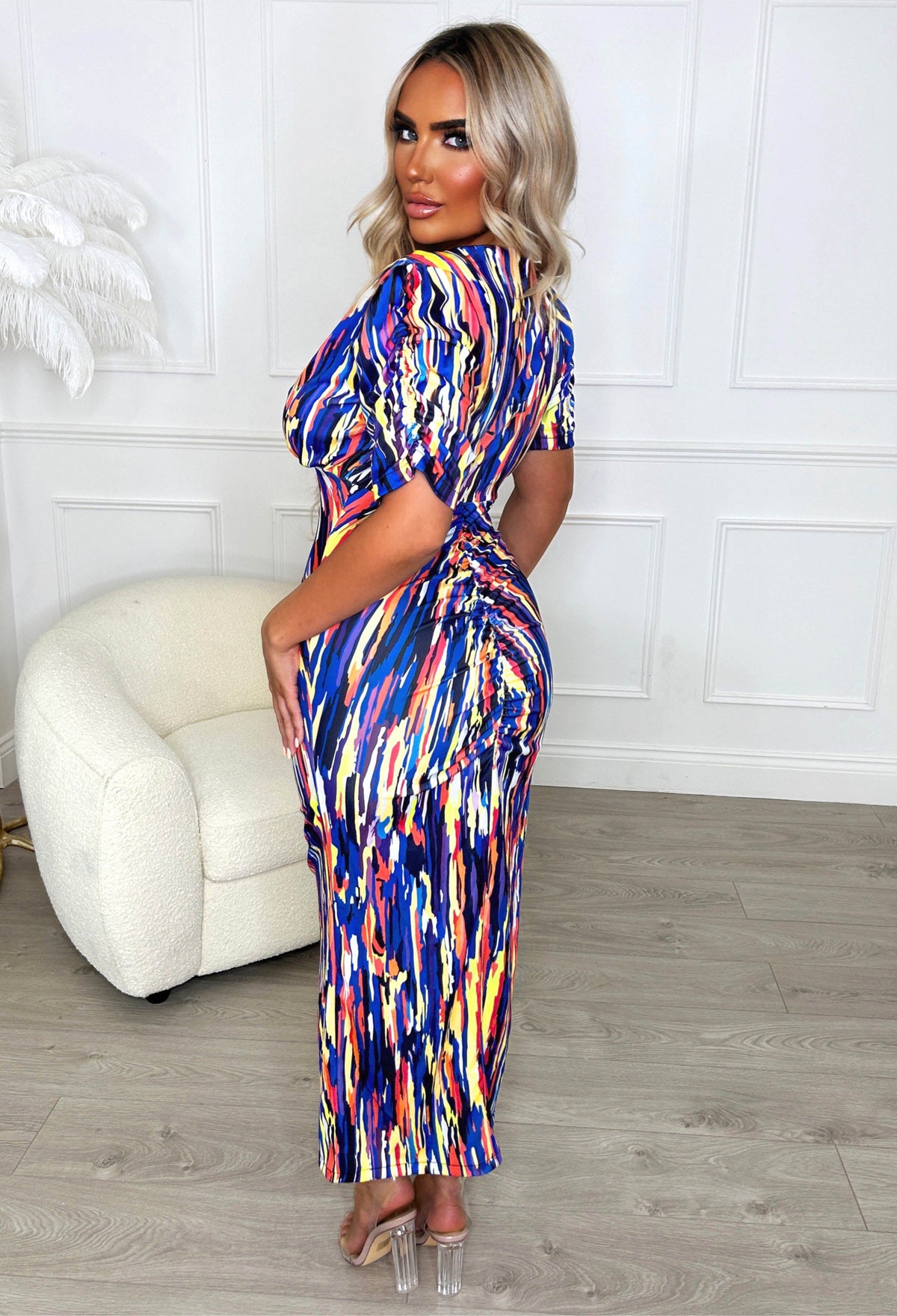 Love You Always Blue Printed Ruched Dress
