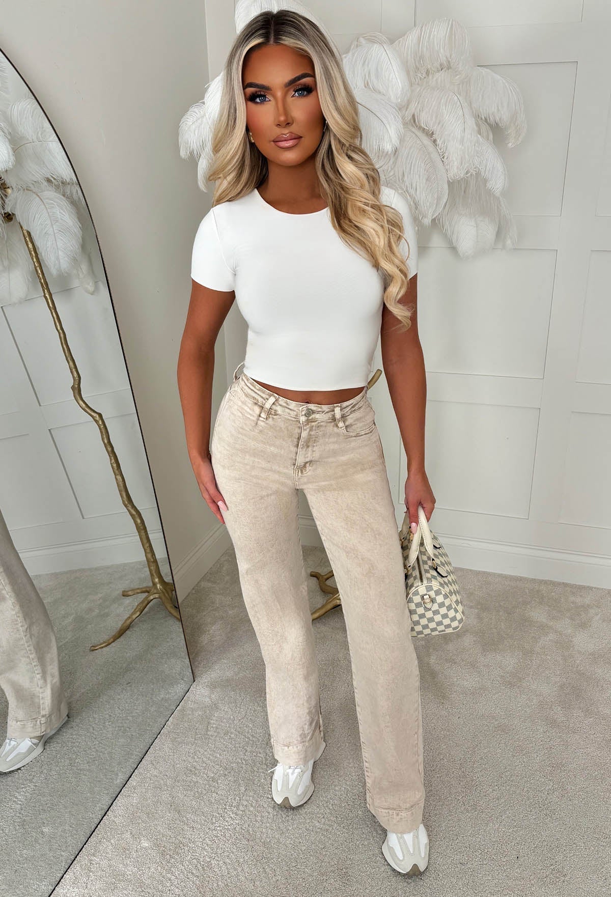 Denim Design Beige Stretch Wide Leg Washed Jeans