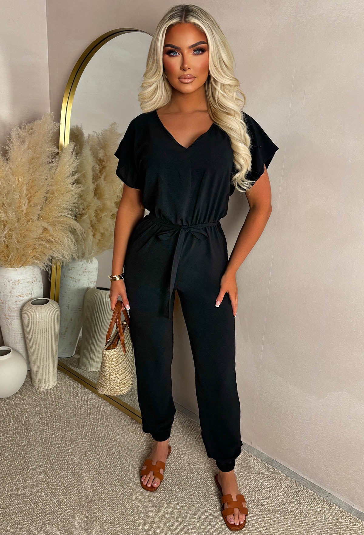 Elegance Everyday Black Elasticated Hem Belted Jumpsuit