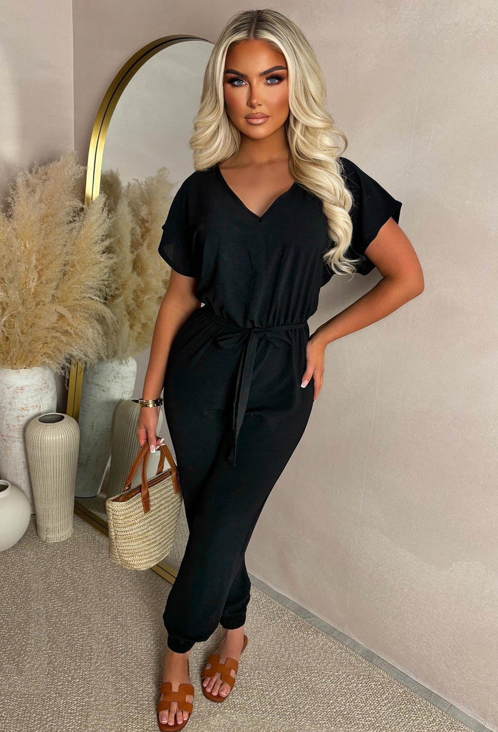 Elegance Everyday Black Elasticated Hem Belted Jumpsuit