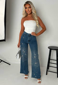 Fixed On You Mid Blue Hot Fix Stretch Wide Leg Jeans