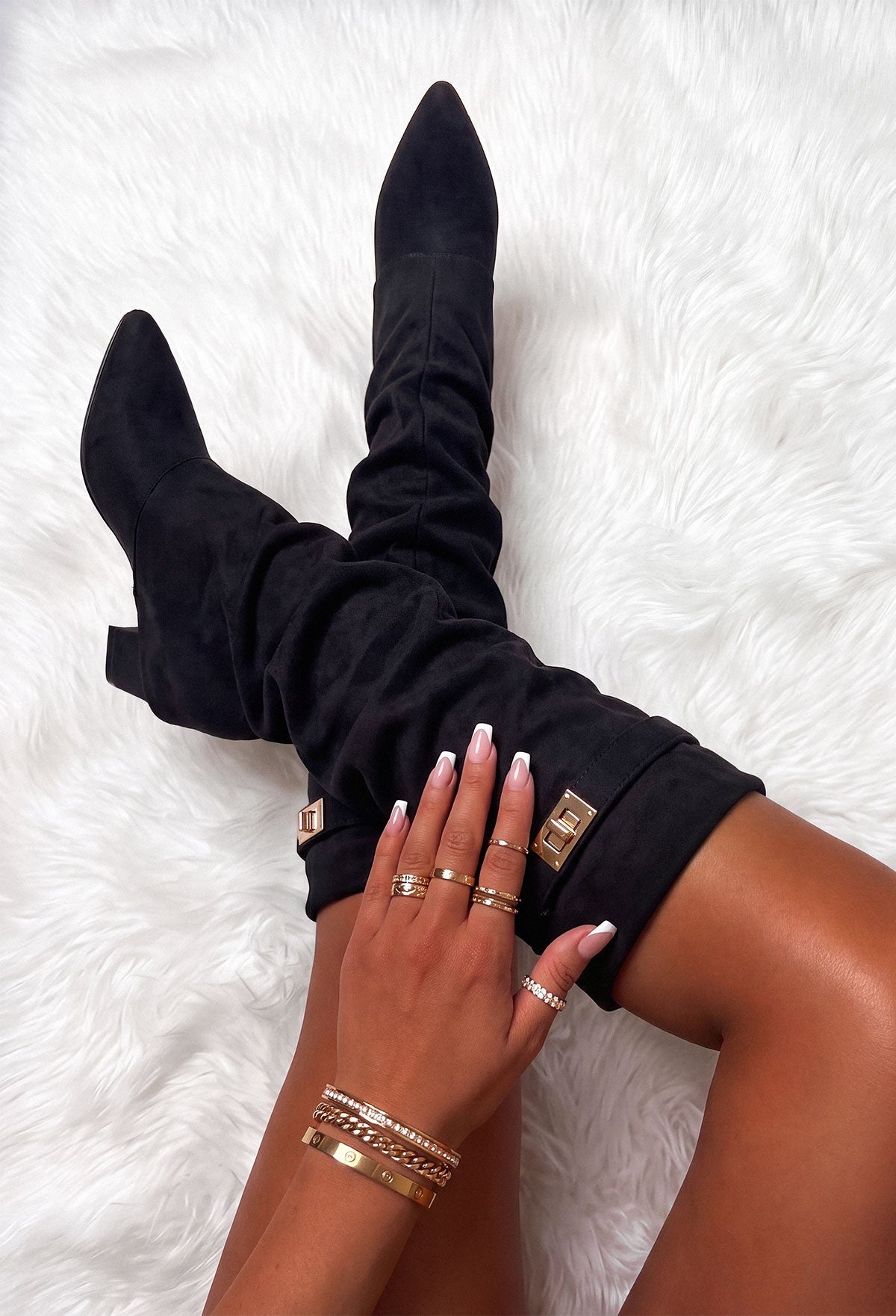It's Our Secret Black Faux Suede Fold Over Maxi Lock Shark Boot