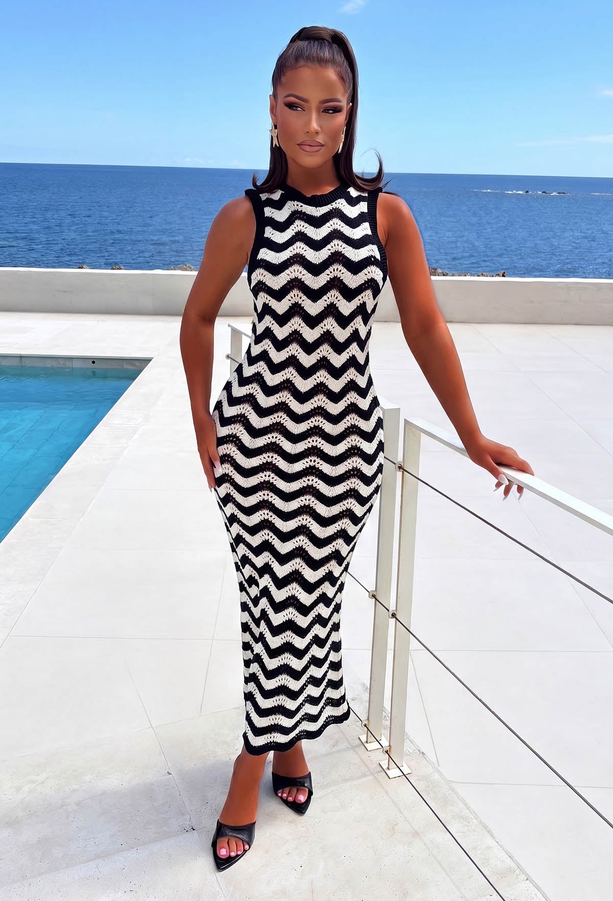 Met My Match Black Monochrome Knitted Zig-zag Dress