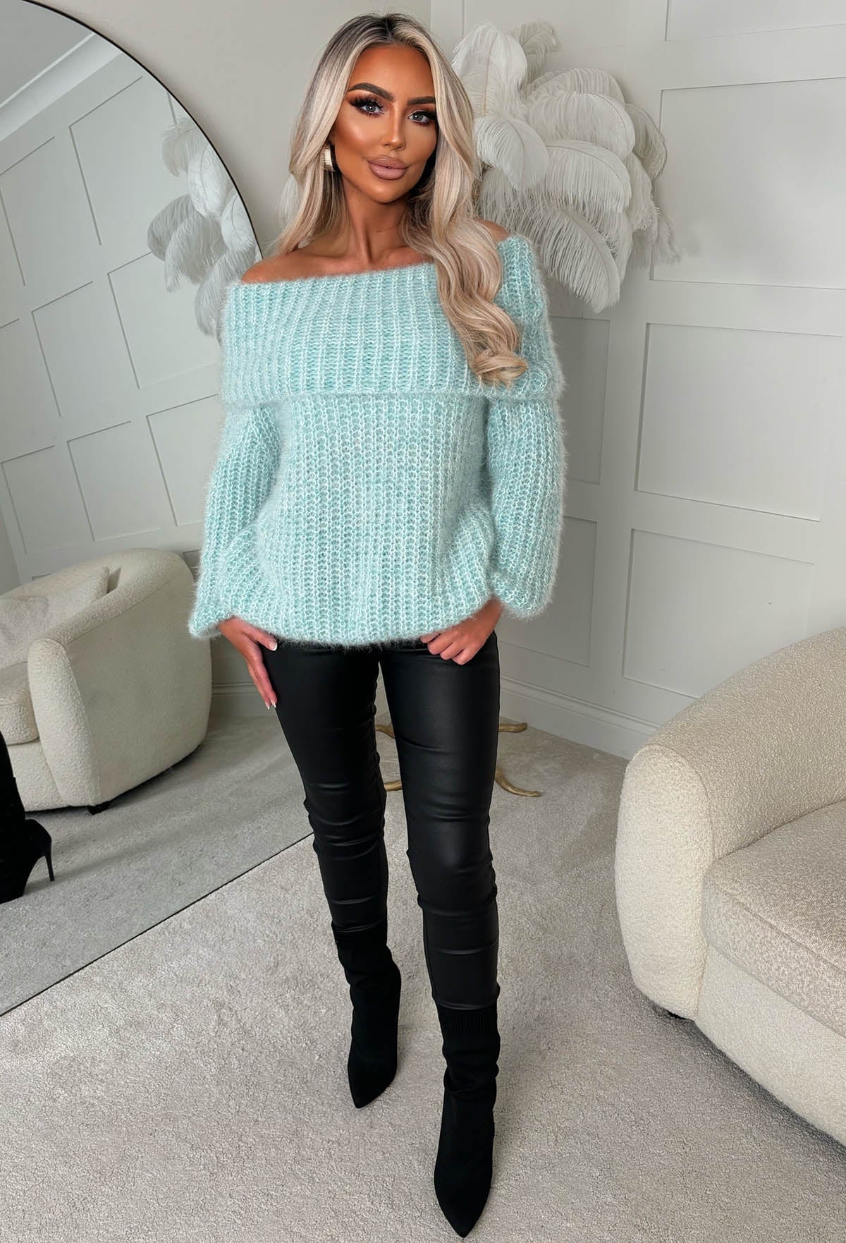Parisian Chills Green Oversized Bardot Jumper