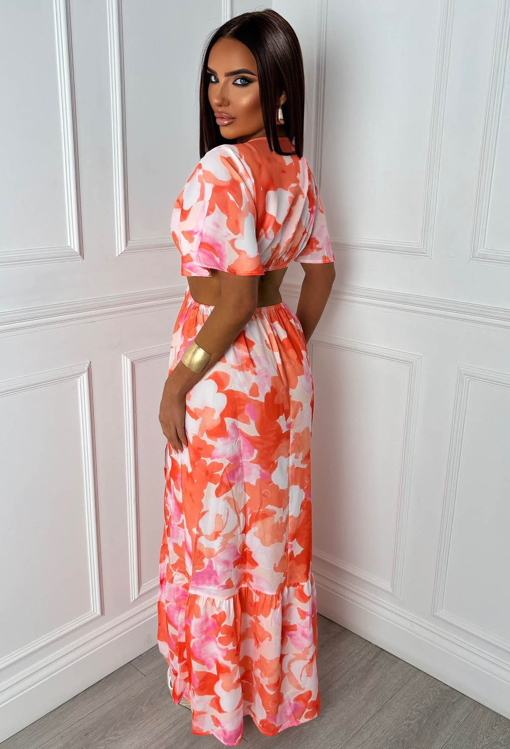 Peekaboo Charm Orange Ring Front Side Cut Out Split Leg Maxi Dress