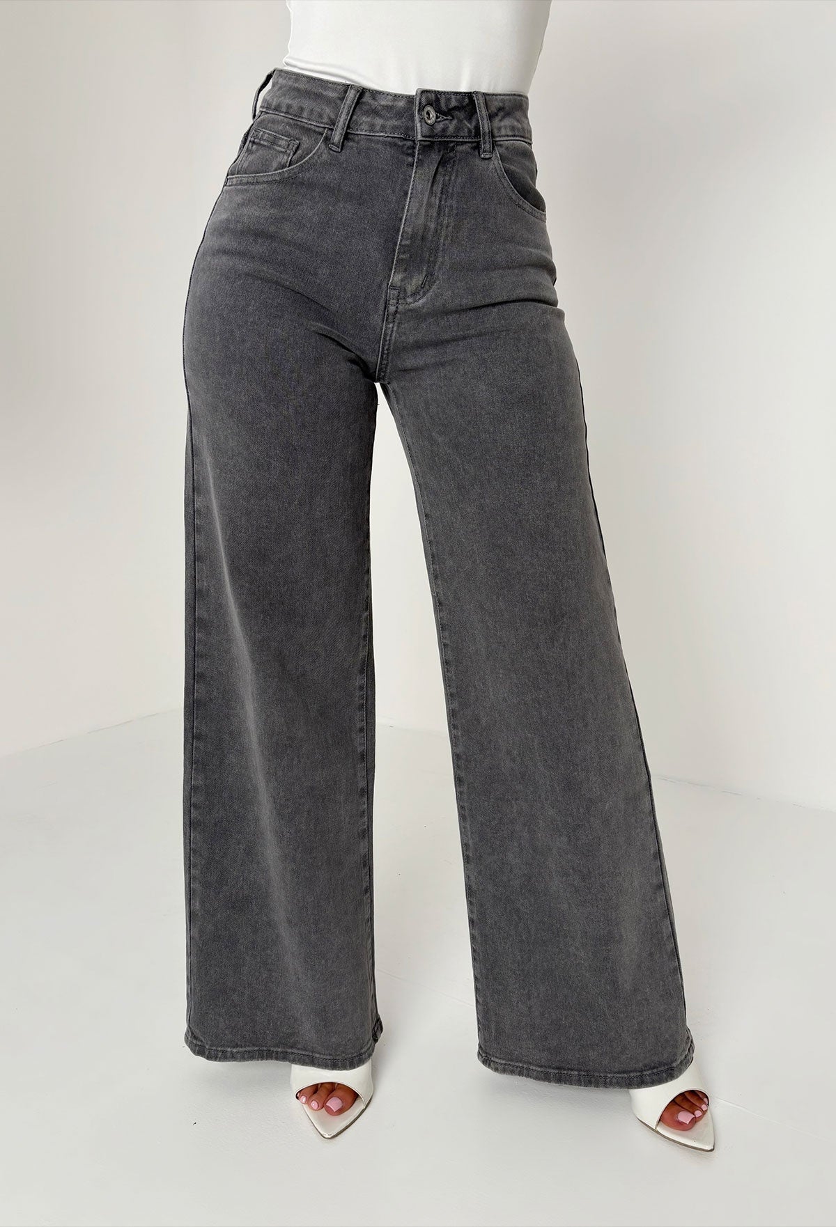 Rae Grey Super-Stretchy Flared Wide Leg Jeans
