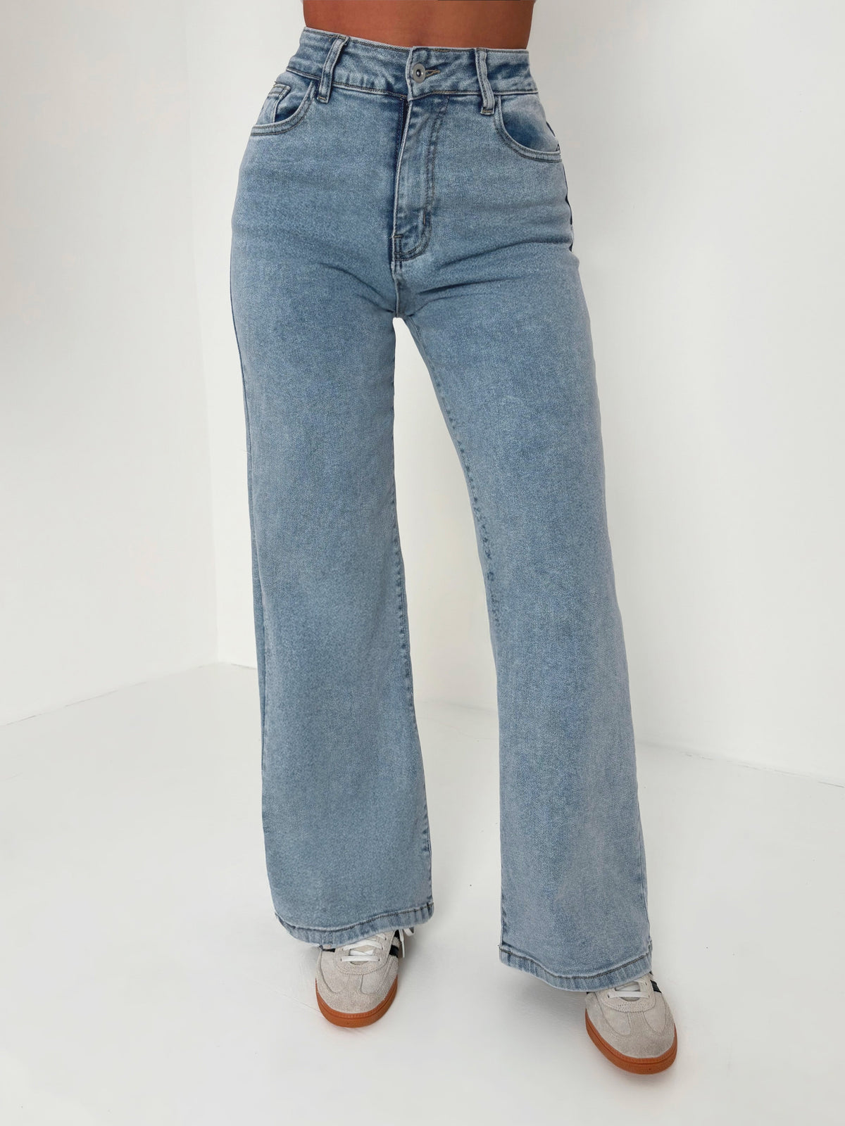 Rae Mid Wash Super-Stretchy Flared Wide Leg Jeans