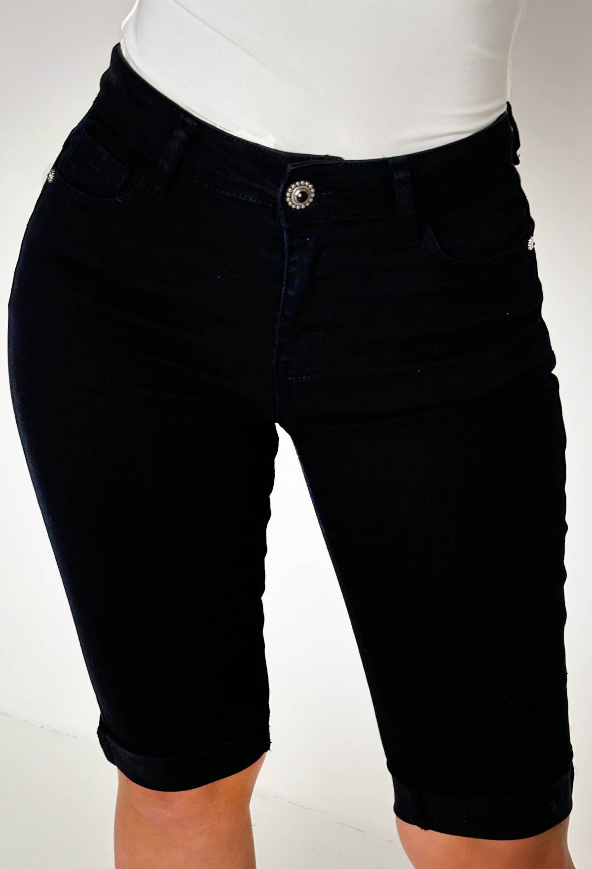 She's Untouchable Black Stretch Pedal Pusher Denim Turn Up Capri Jeans