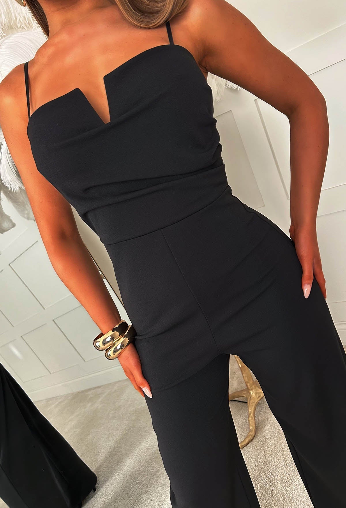 Show Some Grace Black Notch Neck Ruched Jumpsuit