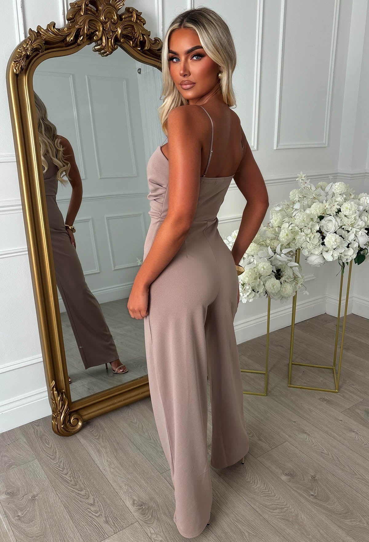 Show Some Grace Taupe Notch Neck Ruched Jumpsuit