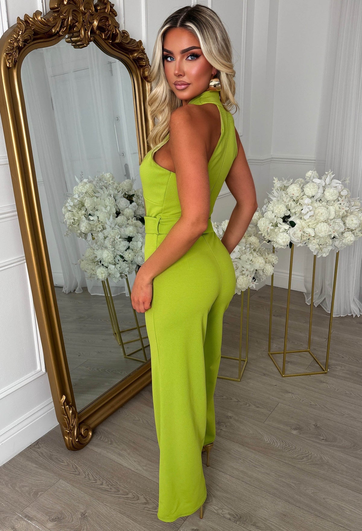 Tied Temptation Lime Cross Over Halter Belted Jumpsuit