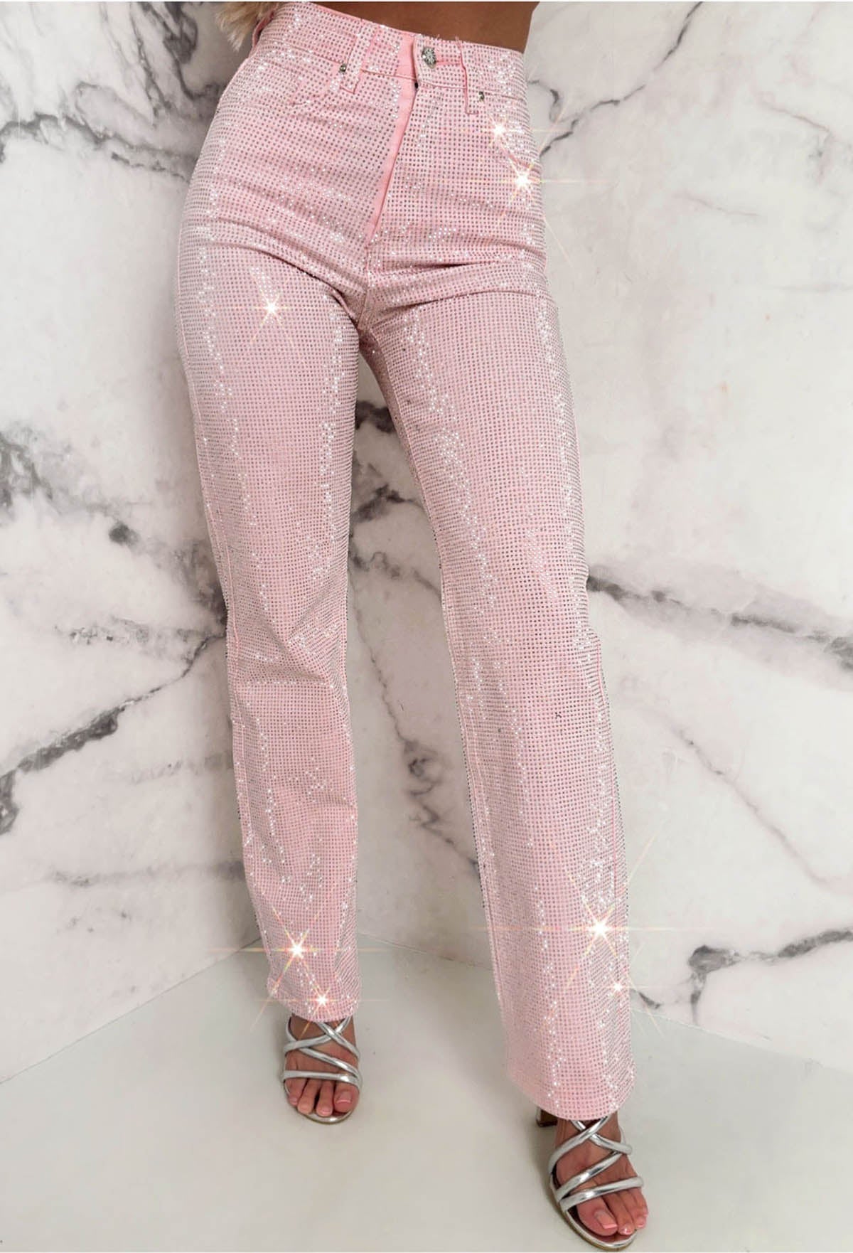 Ultimate Sparkle Pink Straight Leg Stretch Diamante Jeans